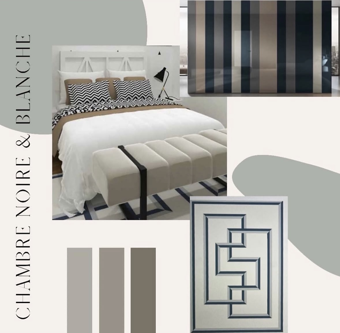 Moodboard d'une chambre noire et blanche : lit blanc à tête de lit graphique, coussins à chevrons noirs et blancs, banquette capitonnée, dressing à bandes verticales, tapis géométrique et nuancier de gris